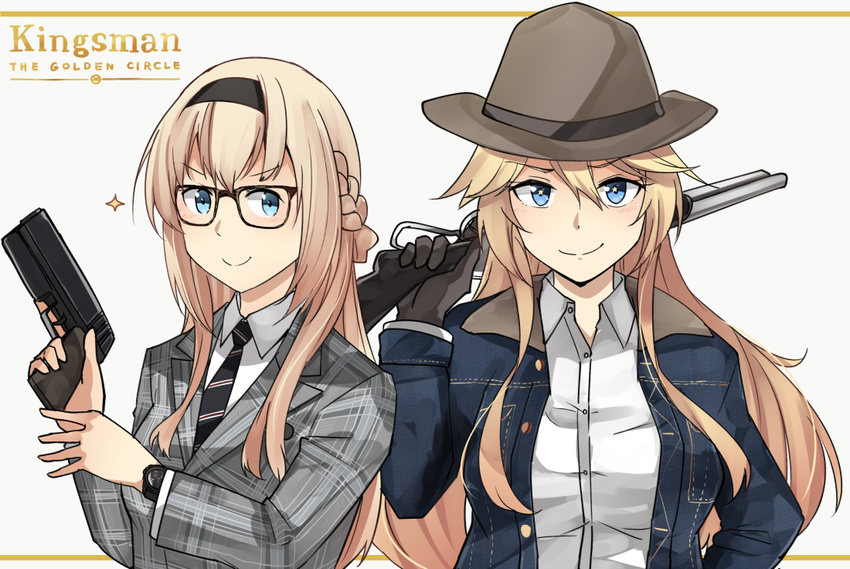 >:) 2girls alternate_costume bespectacled black-framed_eyewear black_necktie blonde_hair blue_eyes brown_hat buttons commentary_request glasses gun hair_between_eyes hat holding holding_gun holding_weapon ido_(teketeke) iowa_(kancolle) kantai_collection kingsman:_the_golden_circle kingsman:_the_secret_service long_hair long_sleeves multiple_girls necktie parody smile sparkle v-shaped_eyebrows warspite_(kancolle) weapon