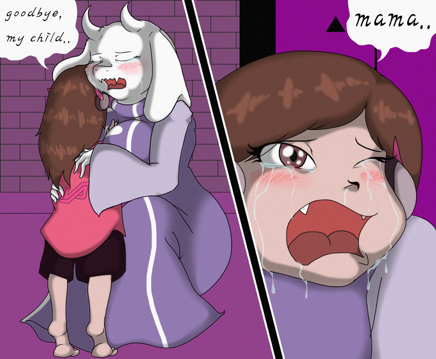 anthro barefoot blizzard_entertainment blpanda blush bodily_fluids boss_monster_(undertale) bovid breasts caprine clothing crying d.va_(overwatch) duo feet female hana_song hi_res human lolicon mammal mother_(lore) motherhood open_mouth overwatch parent_(lore) parody robe sad smile tears toriel undertale undertale_(series) young