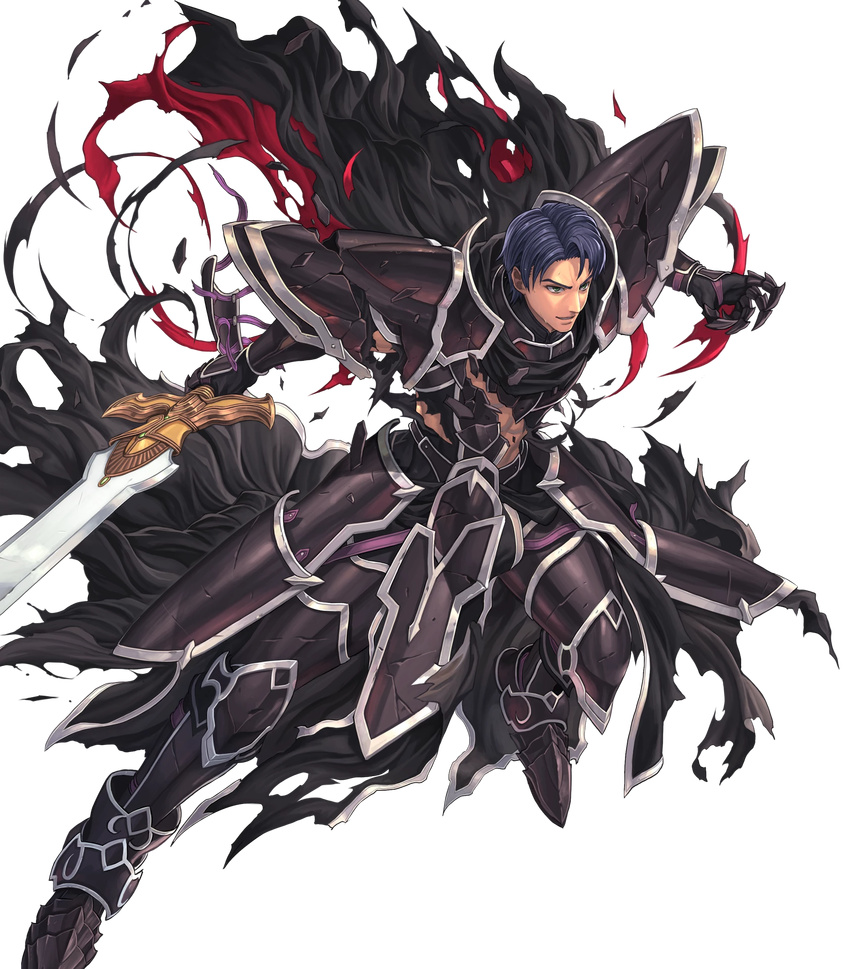 1boy alondite armor black_armor blue_hair broken_armor cape commentary_request fire_emblem fire_emblem:_radiant_dawn fire_emblem_heroes full_body gauntlets highres holding holding_weapon izuka_daisuke male_focus official_art parted_lips shoulder_armor solo spoilers sword torn_cape torn_clothes transparent_background weapon zelgius_(fire_emblem)