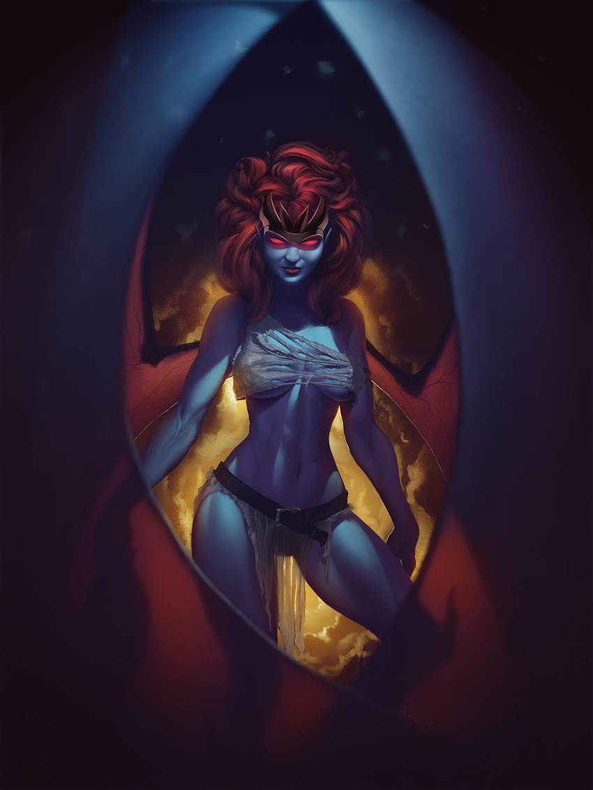 andrew_hibner blue_skin breasts cleavage colored_skin commentary_request curly_hair dark_background demona female gargoyle gargoyles glowing glowing_eyes highres loincloth looking_at_viewer md5_mismatch medium_breasts midriff monster_girl navel pelvic_curtain photoshop_(medium) pointy_ears red_hair resolution_mismatch smile solo source_larger tiara torn_clothes wings