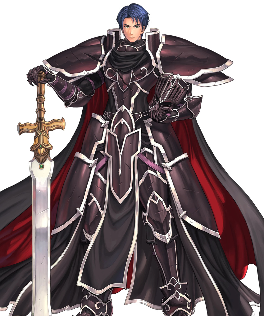 1boy alondite armor black_armor blue_hair broken_armor cape commentary_request fire_emblem fire_emblem:_radiant_dawn fire_emblem_heroes full_body gauntlets helmet highres holding izuka_daisuke looking_at_viewer male_focus official_art serious shoulder_armor solo spoilers standing sword transparent_background weapon zelgius_(fire_emblem)