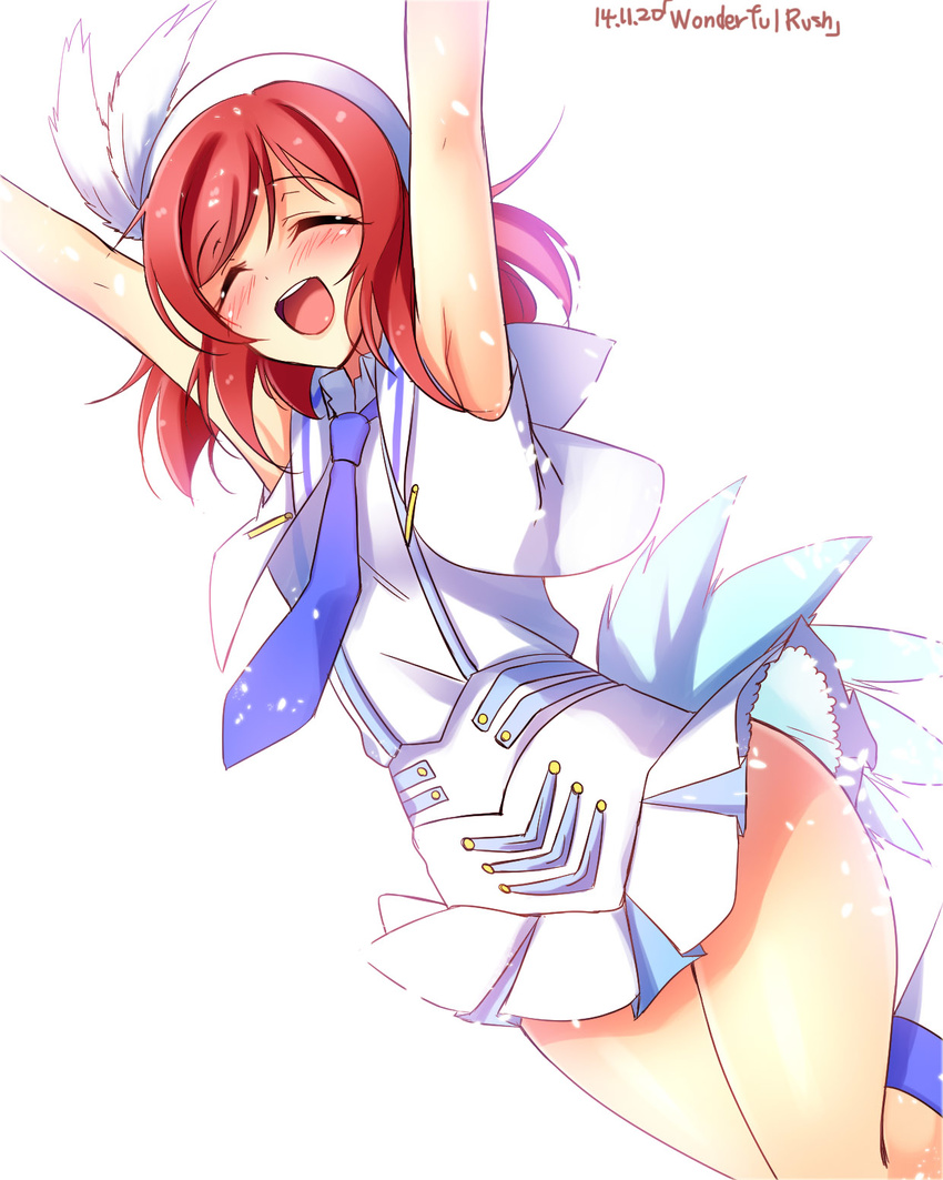 armpits arms_up bare_shoulders blouse closed_eyes commentary_request cropped_jacket female highres idol love_live! love_live!_school_idol_project miniskirt necktie nishikino_maki open_mouth petticoat photoshop_(medium) pleated_skirt red_hair shirt short_hair skirt sleeveless sleeveless_shirt slip_showing solo song_name suspenders white_shirt wonderful_rush yu-ta