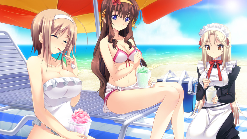 anata_no_koto_wo_suki_to_iwasete bare_shoulders beach bikini blonde_hair blue_eyes breasts brown_hair cleavage closed_eyes cloud clouds cygnus_(artist) food game_cg hairband happy highres huge_breasts ice_cream large_breasts legs long_hair looking_at_viewer maid maid_headdress mole multiple_girls ocean parasol satofuji_masato short_hair sitting sky smile swimsuit thighs umbrella water yellow_eyes