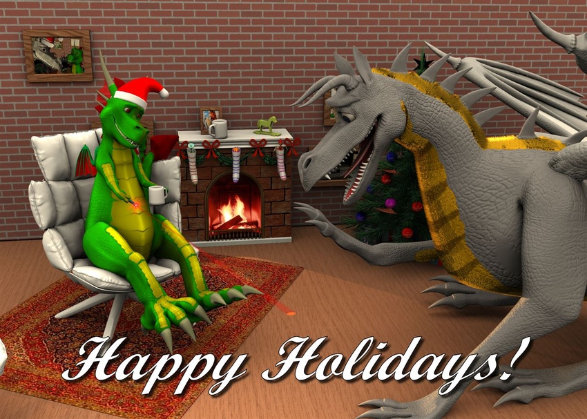 2015 3d_(artwork) 4_toes anisodactyl anthro brick_wall chair christmas christmas_clothing christmas_headwear claws clothing container cup digital_media_(artwork) dragon duo e621_post_recursion english_text european_mythology feet feral fire fireplace furniture greldon hat headgear headwear holidays horn laser living_room male mythological_creature mythological_scalie mythology nude rangarig rangarig_rex santa_hat scalie sitting small_wings smile text toes wall_(structure) western_dragon wings