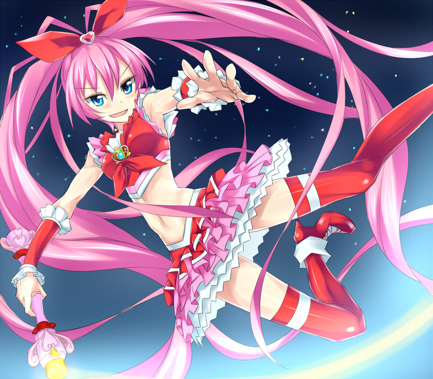 bad_id bad_pixiv_id blue_eyes boots cure_melody female heart houjou_hibiki long_hair magical_girl midriff miracle_belltier navel pink_hair precure red_wrist_cuffs skirt solo suite_precure takabow thighhighs twintails very_long_hair wrist_cuffs