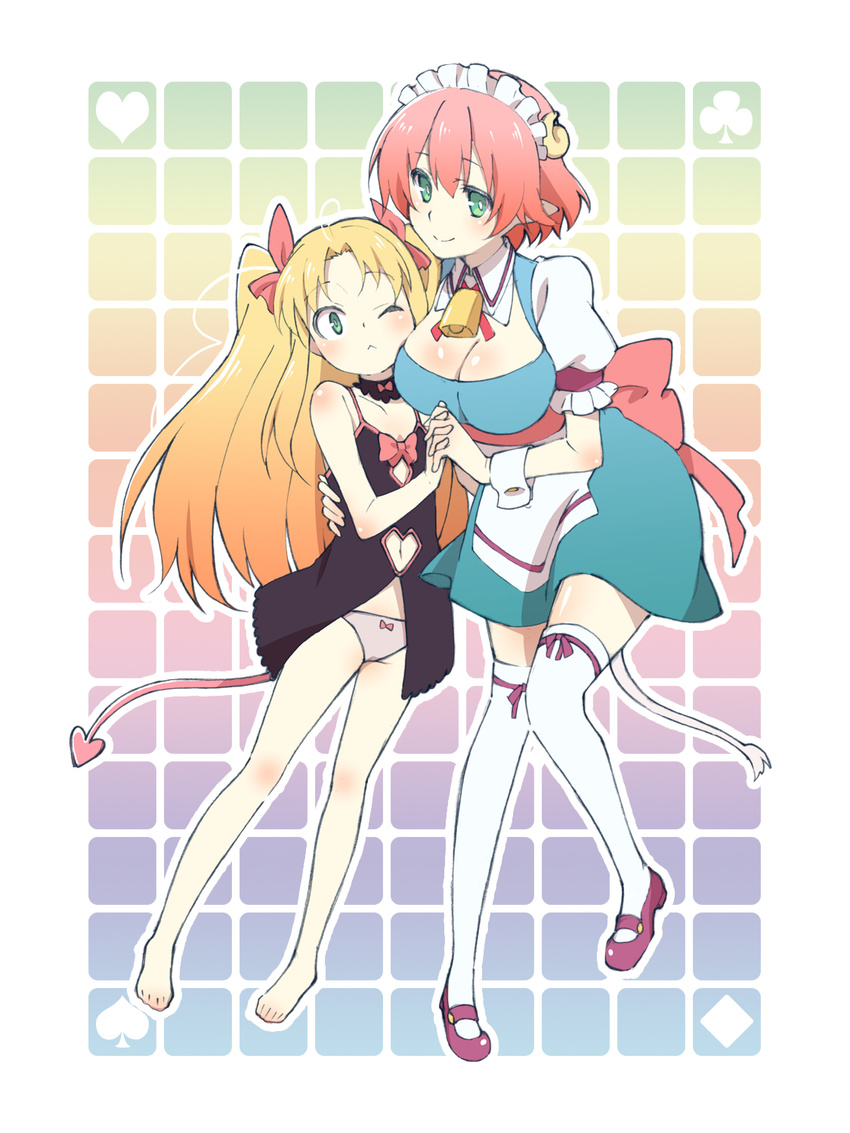 2girls :< ;< arm_around_waist astarotte_ygvar bare_legs barefoot bell blonde_hair bow breasts cleavage clothing_cutout commentary_request cow_tail cowbell demon_tail elfleda_mirjasdottir gradient_background green_eyes highres holding_hands horns interlocked_fingers large_breasts long_hair lotte_no_omocha! maid_headdress mary_janes multiple_girls navel navel_cutout okayu-k one_eye_closed panties pink_bow pink_hair pointy_ears shoes short_hair tail thighhighs underwear wrist_cuffs zettai_ryouiki