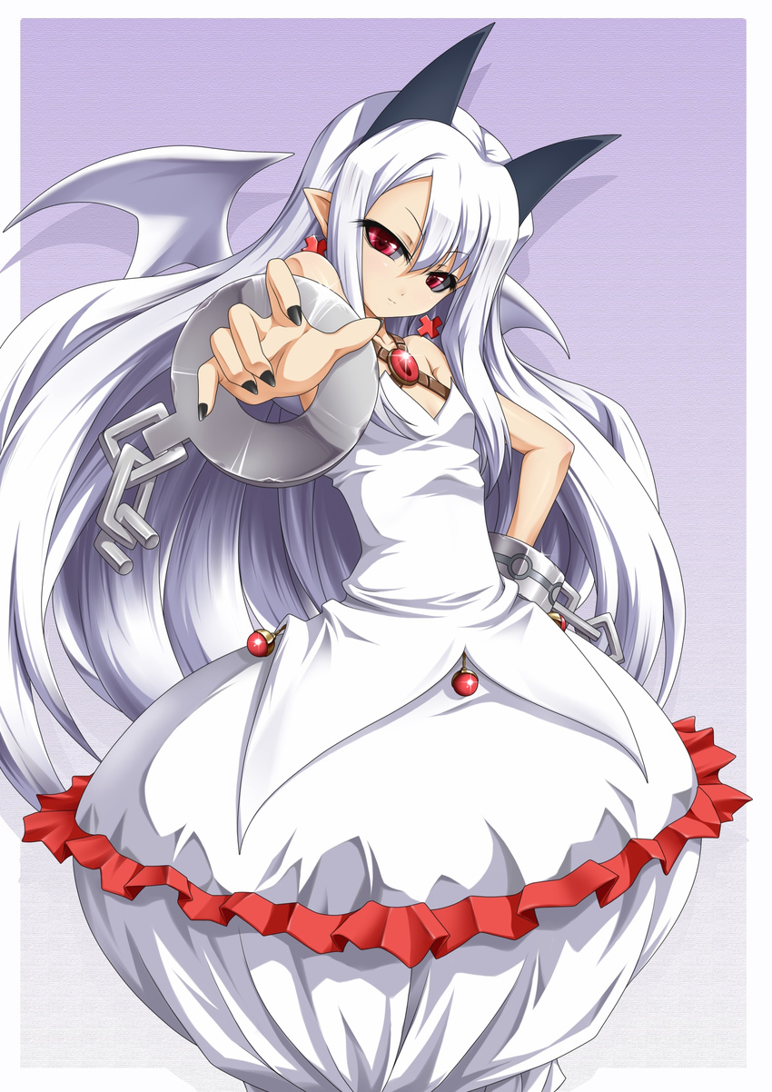 albino bat_wings bubble_skirt chains commentary_request dress earrings female hand_on_own_hip highres horns jewelry long_hair outstretched_hand phantom_kingdom pram_(phantom_kingdom) red_eyes roura sidelocks skirt smile solo white_hair wings wrist_cuffs