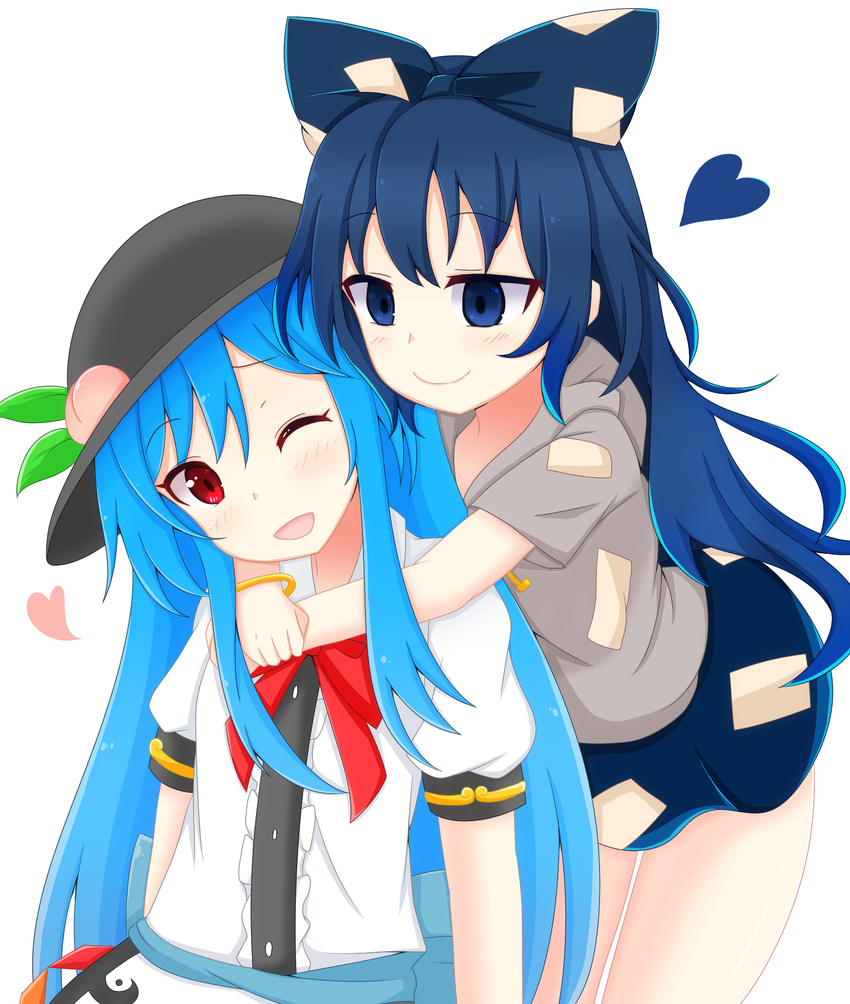 2girls black_hat blue_bow blue_eyes blue_hair blue_skirt bow bracelet commentary_request empty_eyes food fruit hairbow hat heart highres hinanawi_tenshi hood hood_down hoodie hug hug_from_behind jewelry leaf long_hair looking_at_another miniskirt multiple_girls one_eye_closed open_mouth peach red_eyes shirt short_hair short_sleeves shunki skirt touhou white_background white_shirt yorigami_shion yuri