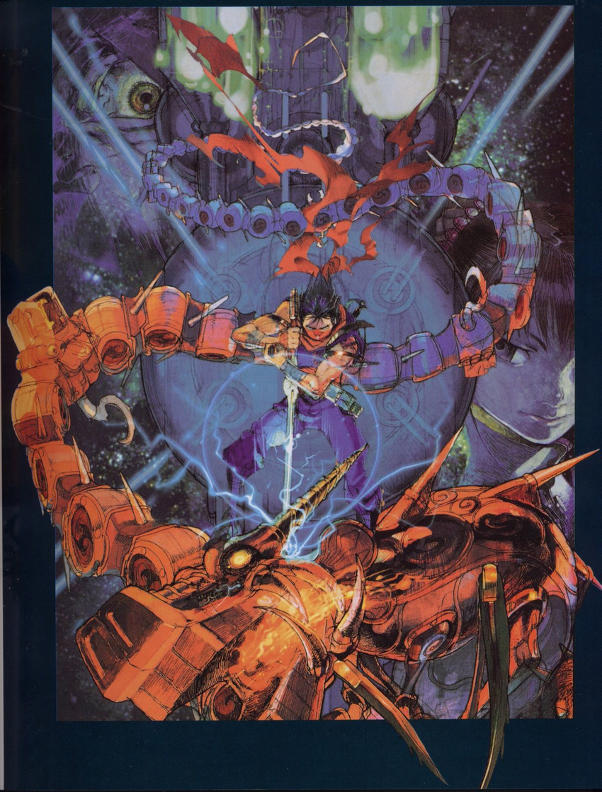 1boy artbook battle bishounen dragon electricity emperor_dragon female grand_master_meio highres lips manly mecha muscular ninja official_art plasma_sword red_scarf robot scan scarf science_fiction shoei_okano space stab star_(sky) strider_(video_game) strider_hien strider_hiryuu sword weapon