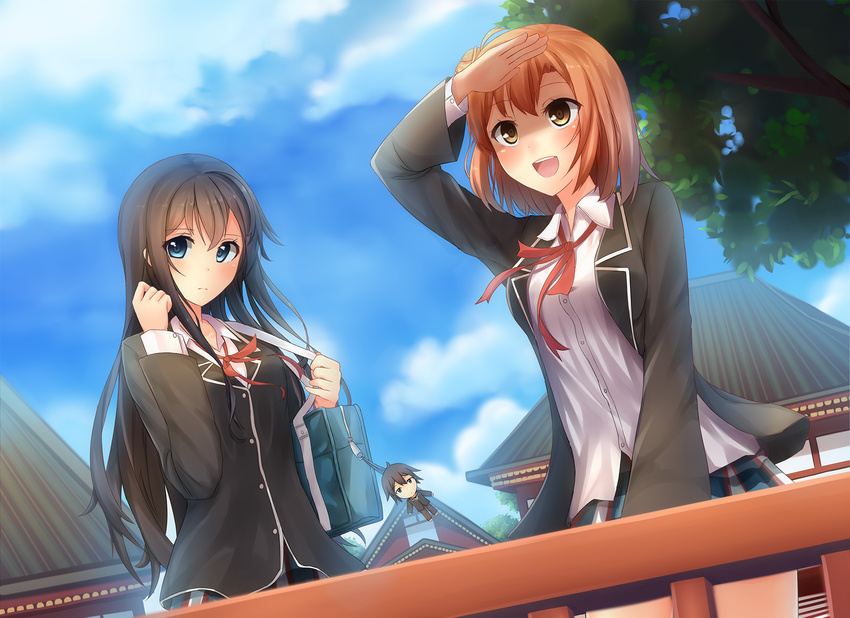 blue_eyes blush brown_eyes brown_hair building chibi hikigaya_hachiman long_hair male onamae_kun orange_hair seifuku short_hair tree yahari_ore_no_seishun_love_come_wa_machigatteiru. yuigahama_yui yukinoshita_yukino