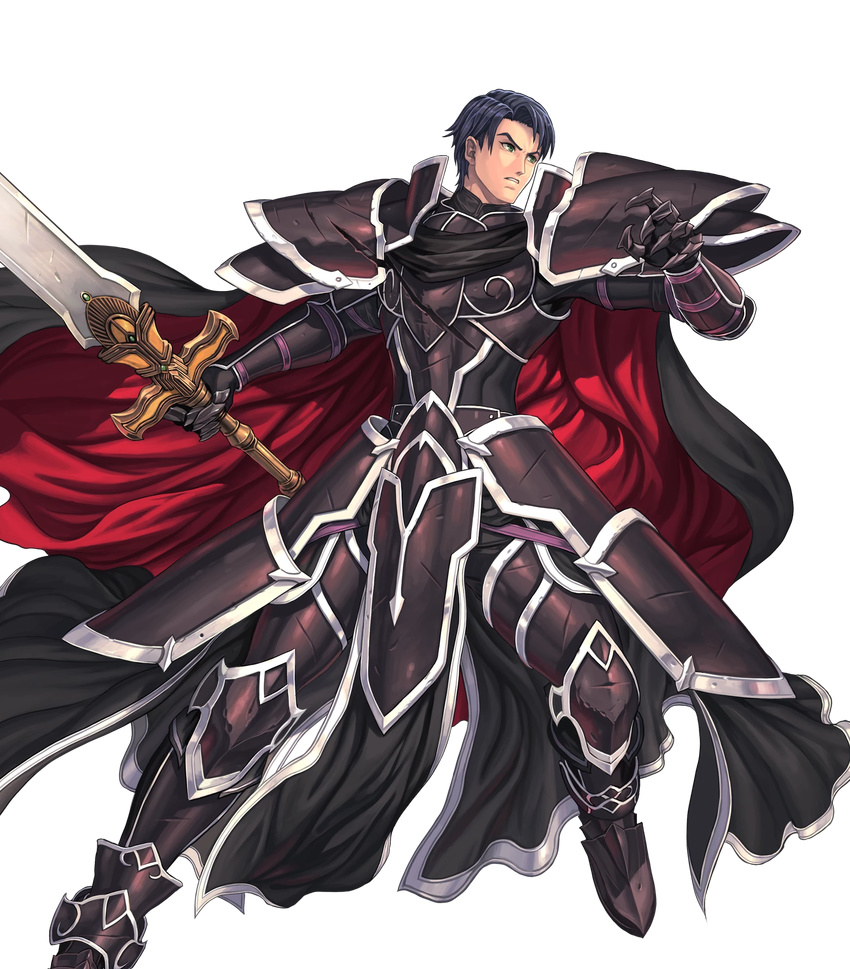 1boy alondite armor black_armor blue_hair broken_armor cape commentary_request fire_emblem fire_emblem:_radiant_dawn fire_emblem_heroes full_body gauntlets highres holding holding_weapon izuka_daisuke looking_away male_focus official_art parted_lips serious shoulder_armor solo spoilers sword transparent_background weapon zelgius_(fire_emblem)