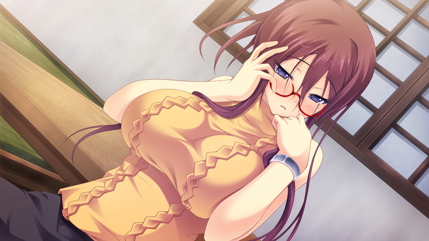 akikawa_kiyoka anata_no_koto_wo_suki_to_iwasete bare_shoulders blue_eyes blush breasts brown_hair cygnus_(artist) embarrassed female game_cg glasses highres huge_breasts long_hair looking_away satofuji_masato sitting sleeveless solo table