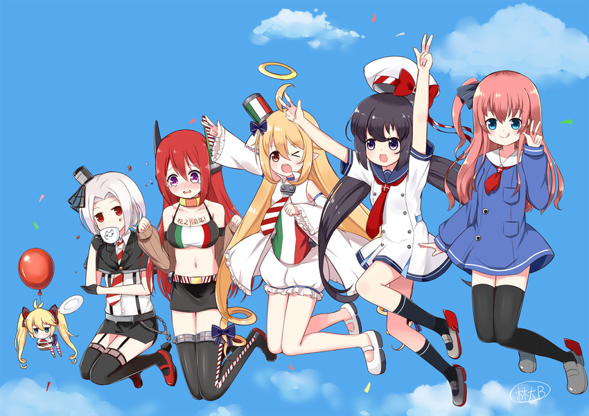 >_o 6+girls :p aged_down andrea_doria_(warship_girls_r) antonio_da_noli_(warship_girls_r) arms_up aviere_(warship_girls_r) balloon black_hair blush camicia_nera_(warship_girls_r) commentary_request day hair_ribbon halo hat highres linda_b long_hair multiple_girls oerba_yun_fang one_eye_closed open_mouth photoshop_(medium) red_hair ribbon school_uniform sky thighhighs tongue tongue_out twintails v vittorio_veneto_(warship_girls_r) warship_girls_r