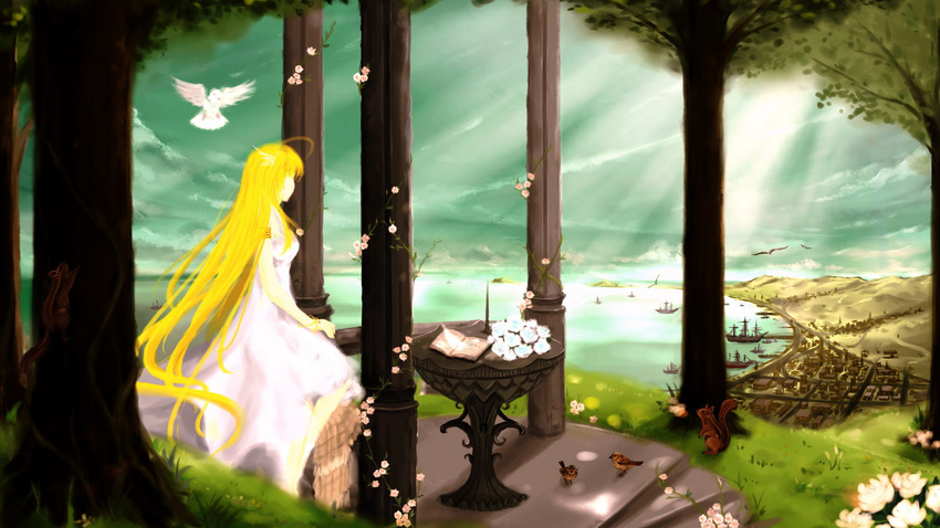 animal bird blonde_hair boat book city dress flowers grass illusionk landscape long_hair scenic sky tagme tree water