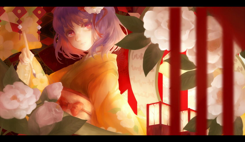 architecture bad_id bad_pixiv_id blurry bow calligraphy_brush camellia depth_of_field east_asian_architecture female floral_print flower hair_flower hair_ornament hieda_no_akyuu holding holding_brush holding_calligraphy_brush holding_paintbrush japanese_clothes jyuui kimono lantern letterboxed looking_to_the_side obi paintbrush paper_lantern parted_lips purple_hair red_eyes red_ribbon ribbon sash scroll short_hair solo touhou white_flower yellow_kimono