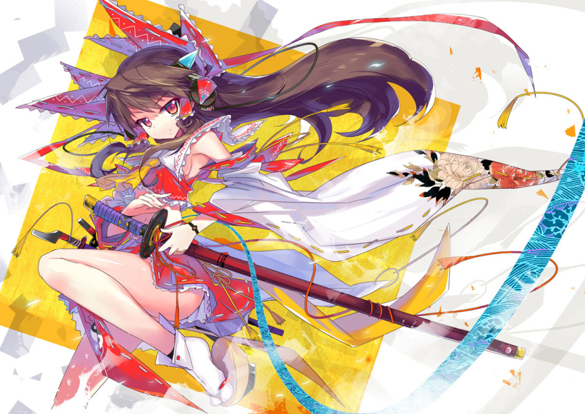 bare_shoulders brown_hair commentary_request detached_sleeves embellished_costume female hair_tubes hakurei_reimu headphones holding katana long_hair looking_at_viewer photoshop_(medium) red_eyes sheath sheathed solo sword tabi touhou weapon yui_(niikyouzou)