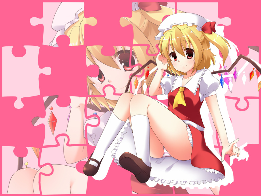 ascot blonde_hair collarbone commentary_request crystal female flandre_scarlet frills hair_ribbon hat highres jigsaw_puzzle mary_janes mashiro_yuki panties puzzle red_eyes ribbon shoes short_hair short_sleeves smile solo striped_clothes striped_panties touhou underwear wings