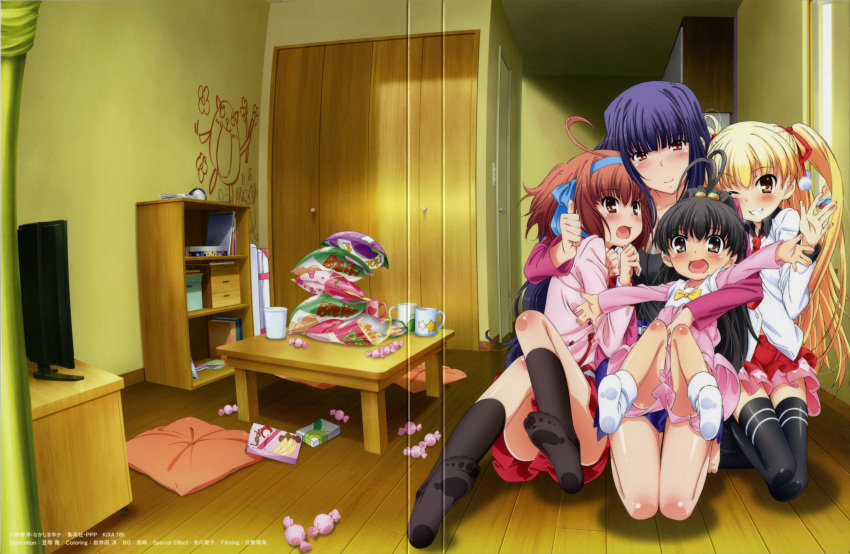 4girls absurdres black_hair blonde_hair brown_eyes brown_hair candy chips_(food) cover crease dvd_cover fisheye food hair_ribbon highres hug indoors long_hair mamezuka_takashi multiple_girls oda_raika papa_no_iu_koto_wo_kikinasai! pillow potato_chips red_eyes ribbon scan scan_artifacts scenery school_uniform short_hair table takanashi_hina takanashi_miu takanashi_sora television thighhighs