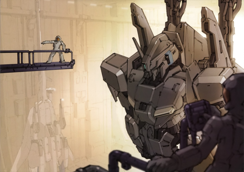 gundam gundam_sentinel hangar helmet highres kenki_fujioka mecha no_humans pilot_suit robot zeta_plus zeta_plus_c1