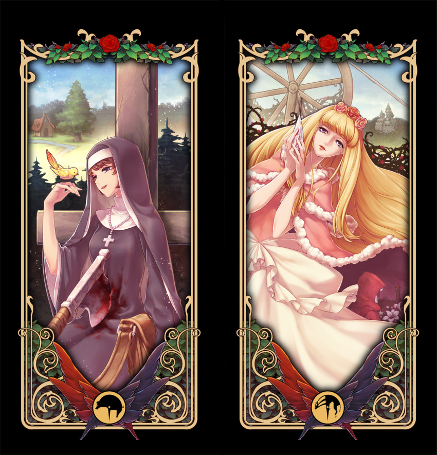 3girls art_nouveau axe bad_id bad_pixiv_id bag bird bird_on_hand black_background blonde_hair blood blood_on_clothes brown_hair cape cross cross_necklace dornroschen dress elysion flower fur_trim habit hair_flower hair_ornament highres jewelry lafrenze lips long_hair maerchen_(sound_horizon) multiple_girls necklace needle nun nun_(marchen) parted_lips photoshop_(medium) pink_flower pink_rose purple_eyes red_flower red_rose rose smile sound_horizon traditional_nun weapon yeruen