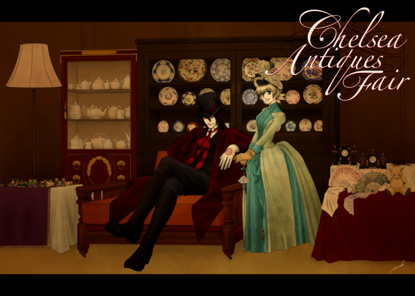 1boy alucard_(hellsing) black_hair blonde_hair bustle cabinet closed_umbrella commentary_request dress female formal gloves hat hellsing kettle lamp moto_ho parasol plate seras_victoria sitting teapot top_hat umbrella victorian