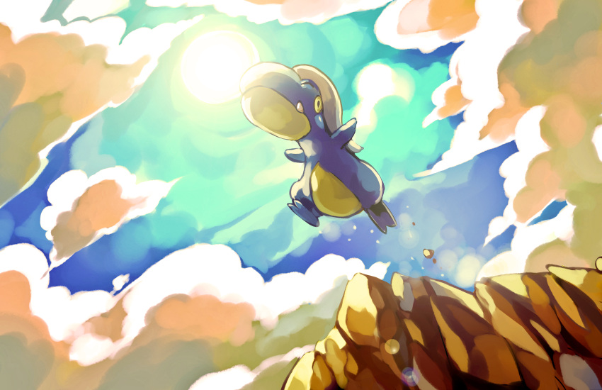 bagon cliff closed_eyes cloud commentary fangs from_below highres jumping no_humans outdoors outstretched_arms photoshop_(medium) pokemon pokemon_(creature) sa-dui solo spread_arms sun