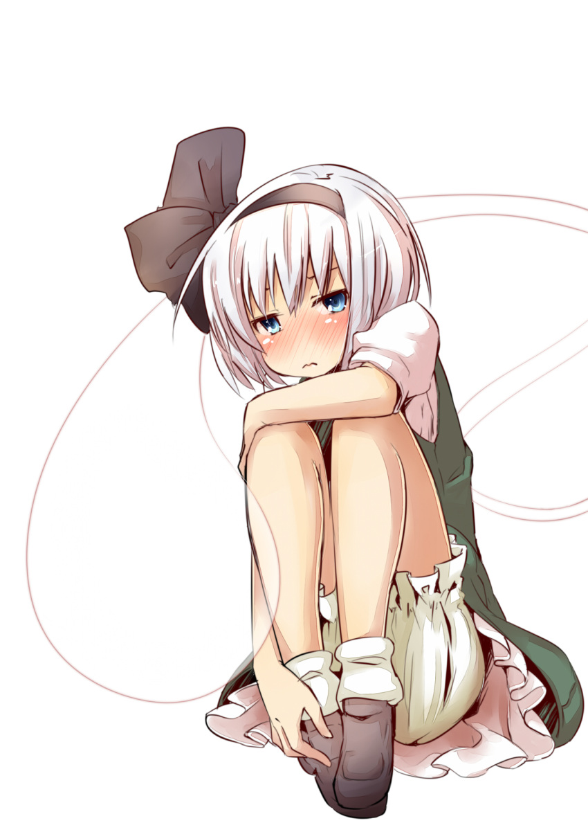 bad_id bad_pixiv_id black_hairband bloomers blue_eyes blush dress_shirt female ghost hairband highres hitodama katanakko_daisuki konpaku_youmu konpaku_youmu_(ghost) shirt sitting skirt solo touhou underwear vest white_background white_hair