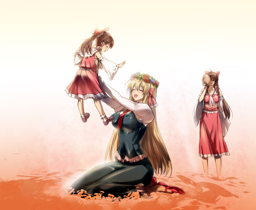 3girls aged_up blonde_hair bow breasts brown_hair carrying chinese_commentary commentary_request detached_sleeves hair_tubes hairbow hakurei_reimu happy highres large_breasts lolicon long_hair mask medium_breasts multiple_girls naruto naruto_(series) original osana_reimu parody photoshop_(medium) ponytail q_azieru rumia sendai_hakurei_no_miko skirt skirt_set touhou