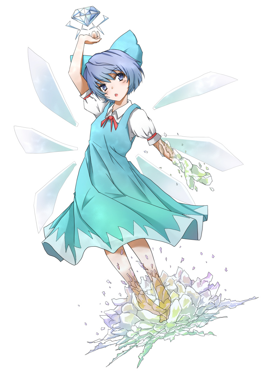 absurdres blue_eyes blue_hair blush bow cirno commentary_request diamond_(gemstone) female hairbow highres ice ice_wings natsume_riu open_mouth short_hair short_sleeves simple_background solo touhou wings