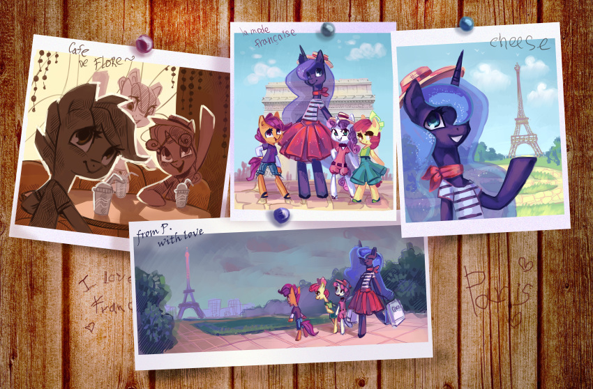 2012 absurd_res alicorn anthro anthrofied apple_bloom_(mlp) bag blue_hair bottomwear cafe clothing collage_(disambiguation) cutie_mark_crusaders_(mlp) dress earth_pony eiffel_tower english_text equid equine female friendship_is_magic group hair hasbro hat headgear headwear hi_res holivi horn horse long_hair mammal my_little_pony mythological_creature mythological_equine mythology paris pegasus photo pin_(disambiguation) pony princess_luna_(mlp) real_world scootaloo_(mlp) shirt skirt summer sweetie_belle_(mlp) tail text topwear unicorn wings young young_anthro