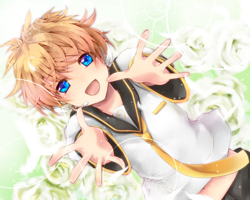 1boy :d bad_id bad_pixiv_id blue_eyes brown_hair kagamine_len male_focus open_mouth outstretched_arms photoshop_(medium) sakura_ran smile solo vocaloid