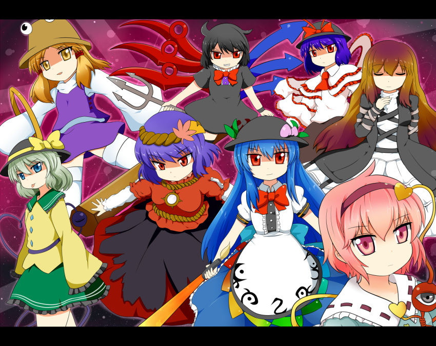 6+girls ascot bad_id bad_pixiv_id black_hair blonde_hair blue_eyes blue_hair bow capelet closed_eyes cuffs food frills fruit gradient_hair green_hair grey_eyes grin hair_ornament hairband hat hat_bow heart hijiri_byakuren hinanawi_tenshi houjuu_nue komeiji_koishi komeiji_satori leaf long_hair long_skirt long_sleeves maple_leaf miniskirt mirror moriya's_iron_rings moriya_suwako motsu_(selshia12) multicolored_hair multiple_girls nagae_iku open_mouth peach pink_eyes pink_hair polearm red_eyes rope shawl short_hair short_sleeves skirt smile sword sword_of_hisou thighhighs third_eye tongue touhou trident very_long_hair weapon wide_sleeves wings wrist_cuffs yasaka_kanako yellow_eyes