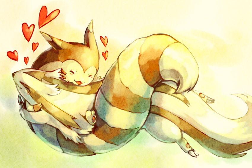 affectionate closed_eyes commentary english_commentary furret heart hug linoone no_humans photoshop_(medium) pokemon pokemon_(creature) sa-dui sepia sepia_background