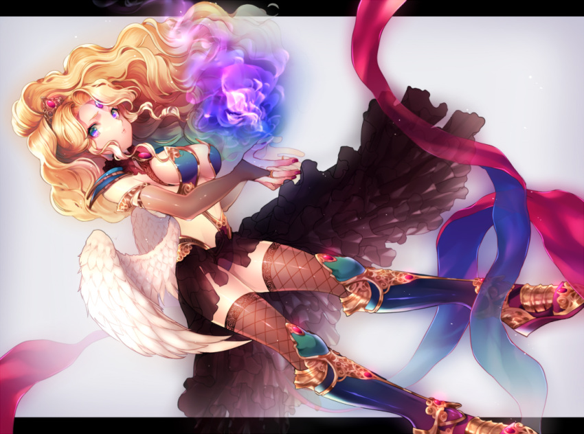 angel_wings armor black_thighhighs blonde_hair blue_eyes breasts bridal_gauntlets commentary_request female fire forehead_jewel gloves greaves hair_ornament jewelry letterboxed long_hair looking_at_viewer medium_breasts momoshiki_tsubaki multicolored_eyes nail_polish original purple_eyes purple_fire ribbon shoulder_pads simple_background skirt solo thighhighs tiara white_wings wings