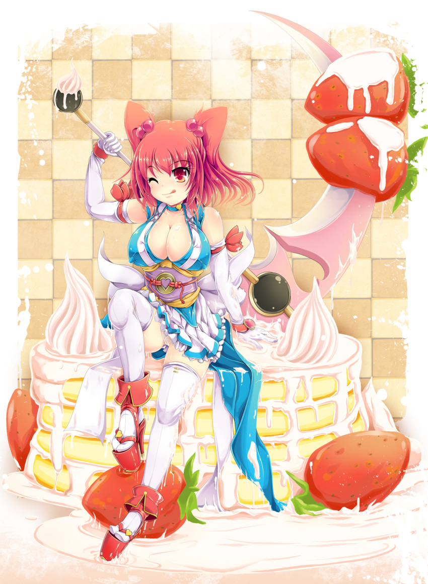 ;q adapted_costume breasts cake choker cleavage commentary_request covered_nipples cream elbow_gloves female food fruit gloves hair_bobbles hair_ornament heart high_heels highres ichirino_minagi large_breasts magical_girl one_eye_closed onozuka_komachi platform_footwear platform_heels red_eyes red_hair scythe shoes short_hair solo strawberry thighhighs tongue tongue_out touhou two_side_up white_thighhighs