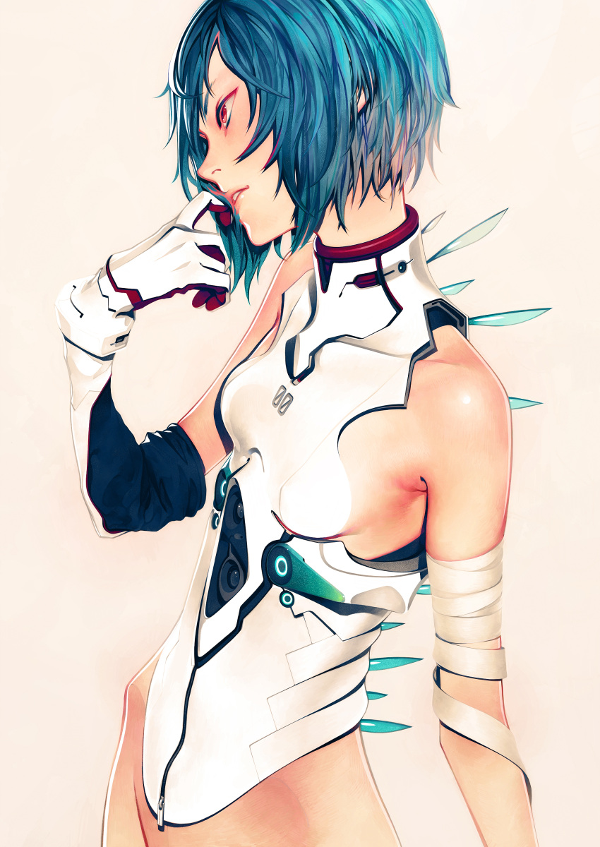 absurdres ayanami_rei bandages bare_shoulders blue_hair commentary female finger_to_mouth highres iwai_ryou lips neon_genesis_evangelion nose photoshop_(medium) pilot_suit plugsuit realistic red_eyes solo