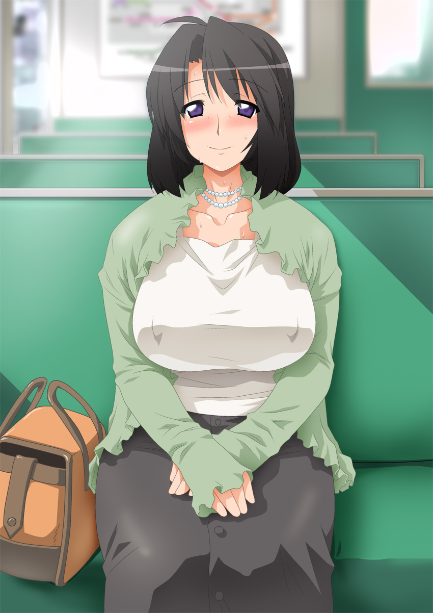 black_hair blush breasts erect_nipples folded_hands highres jewelry large_breasts milf necklace pearl_necklace sitting studio_sunadokei sweat tsuma_haha_~_shino-san_no_torokeru_kanjuku_oniku