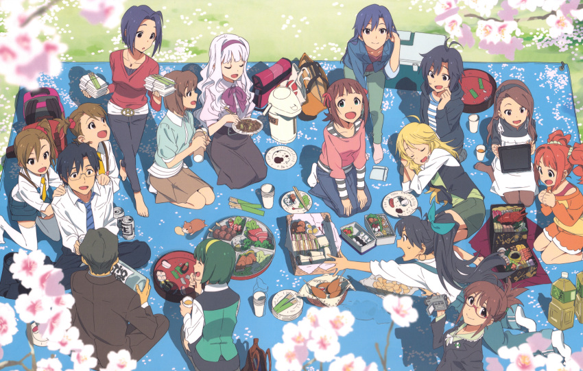 2boys 6+girls akizuki_ritsuko amami_haruka animal bag barefoot black_hair blue_eyes brown_eyes brown_hair cherry_blossoms everyone futami_ami futami_mami ganaha_hibiki glasses hagiwara_yukiho hamster hamuzou highres hoshii_miki idolmaster idolmaster_(classic) japanese_clothes kikuchi_makoto kimono kisaragi_chihaya long_hair minase_iori miura_azusa multiple_boys multiple_girls necktie nishigori_atsushi official_art otonashi_kotori pantyhose petals picnic producer_(idolmaster) producer_(idolmaster_anime) shijou_takane short_hair sleeves_pushed_up striped striped_necktie takagi_junjirou takatsuki_yayoi thighhighs