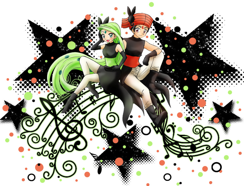 1boy alternate_form bare_shoulders bass_clef beamed_eighth_notes black_hair chikorita85 commentary_request elbow_gloves female flat_sign gloves green_eyes green_hair long_hair meloetta meloetta_(aria) meloetta_(pirouette) musical_note natural_sign personification pokemon red_eyes sharp_sign sixteenth_note staff_(music) transparent_background treble_clef very_long_hair