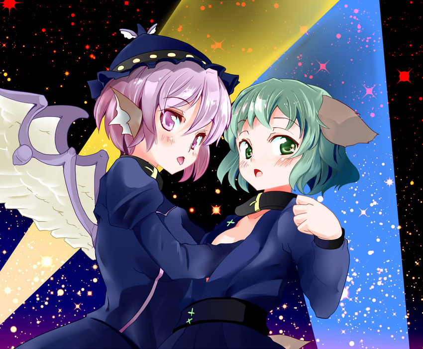 2girls animal_ears bad_id bad_pixiv_id bird_wings blush choujuu_gigaku collar commentary_request green_eyes green_hair hand_under_clothes hat kasodani_kyouko light long_sleeves multiple_girls mystia_lorelei open_mouth pink_eyes pink_hair short_hair spotlight takara_akihito tongue touhou wings yuri