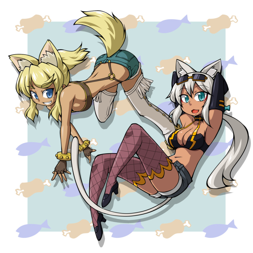 2girls animal_ears aqua_eyes armpits arms_behind_head bad_id bad_pixiv_id belt_bra bikini bikini_top_only blonde_hair blue_eyes boots breasts cat_ears cat_tail chiki_(chikibw) choker crossover dark-skinned_female dark_skin denim denim_shorts elbow_gloves extra_ears eyewear_on_head fingerless_gloves fishnets gloves highres kaiten_muten-maru liru long_hair medium_breasts multiple_girls ponytail renkin_san-kyuu_magical_pokaan shamu_meruruusa shorts sunglasses swimsuit tail thigh_boots thighhighs white_hair white_legwear wolf_ears wolf_girl wolf_tail