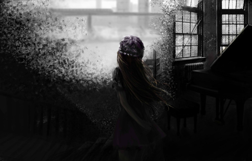 arm_behind_back bad_id bad_pixiv_id bridge disintegration dress female from_behind greyscale hat highres instrument light_brown_hair long_hair maribel_hearn monochrome piano piano_bench purple_dress radiator railing screen shards solo spot_color stairs touhou train water wind window windowsill zoex