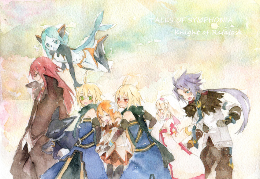 ahoge alice_(tales) alice_(tales_of_symphonia_kor) aqua_(tales_of_symphonia) bare_shoulders blonde_hair blue_eyes blue_hair breasts brown_hair closed_eyes coat creature decus detached_sleeves emil_castagnier flower fur glasses green_eyes hat jacket long_hair marta_lualdi open_mouth orange_eyes pants ponytail purple_hair red_eyes red_hair richter_abend scarf short_hair tales_of_(series) tales_of_symphonia tales_of_symphonia_knight_of_ratatosk tenebrae white_skin