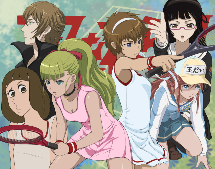 1boy 5girls baseball_cap black_hair blonde_hair blue_eyes brown_eyes brown_hair chiaki_kurihara commentary_request endou_mami glasses green_eyes hairband hat hood hoodie jenny_dolittle kane_mcdougall katou_marika long_hair lynn_lambretta miniskirt_pirates multiple_girls pink_hair ponytail racket school_uniform sharakuryousuke short_hair skirt sportswear squatting tennis_racket tennis_uniform wide_ponytail