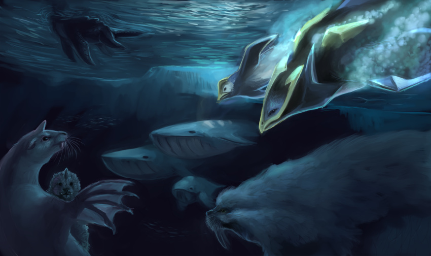 blue_theme commentary dewgong diving empoleon english_commentary highres lapras no_humans partially_submerged pokemon pokemon_(creature) rajewel realistic seel underwater wailord walrein water whale