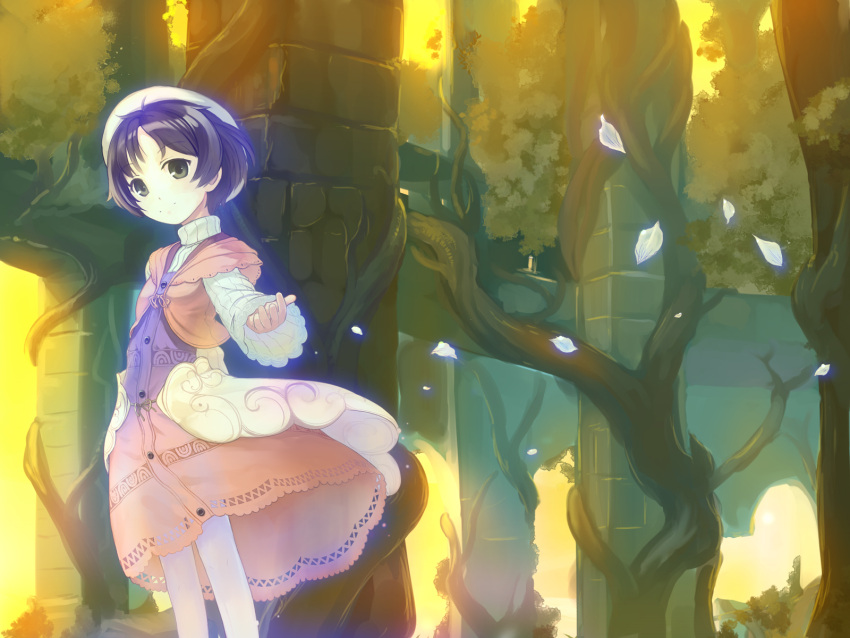 atelier_(series) atelier_ayesha bad_id bad_pixiv_id black_hair brown_eyes dress female hat highres nio_altugle outstretched_arm outstretched_hand pantyhose petals short_hair smile solo takeda_yukimura tree white_pantyhose