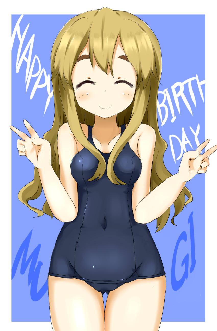 bad_id bad_pixiv_id blonde_hair closed_eyes double_v faubynet female highres k-on! kotobuki_tsumugi long_hair school_swimsuit solo swimsuit v