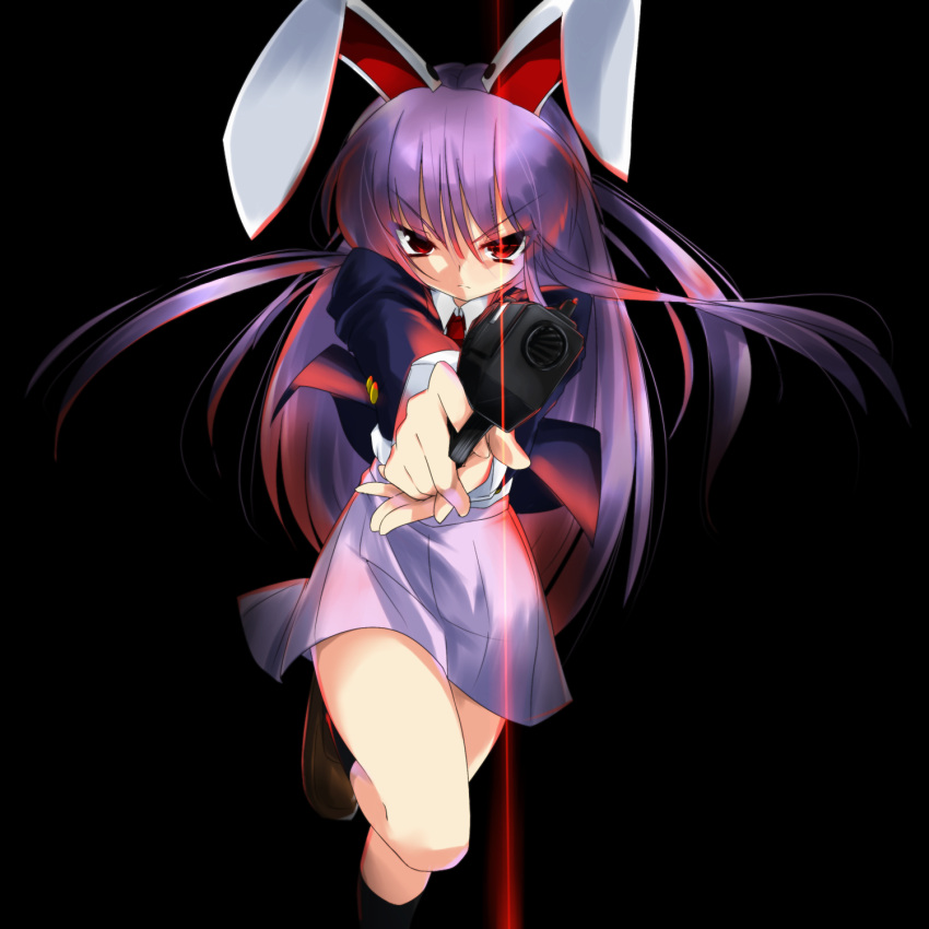 aiming aiming_at_viewer animal_ears beam black_background black_socks blazer commentary_request dress_shirt female foreshortening frown glowing glowing_eye gun handgun highres jacket kneehighs long_hair long_sleeves looking_at_viewer necktie outstretched_arms purple_hair rabbit_ears red_eyes reisen_udongein_inaba shirt skirt socks solo standing standing_on_one_leg touhou tyourou_god very_long_hair weapon