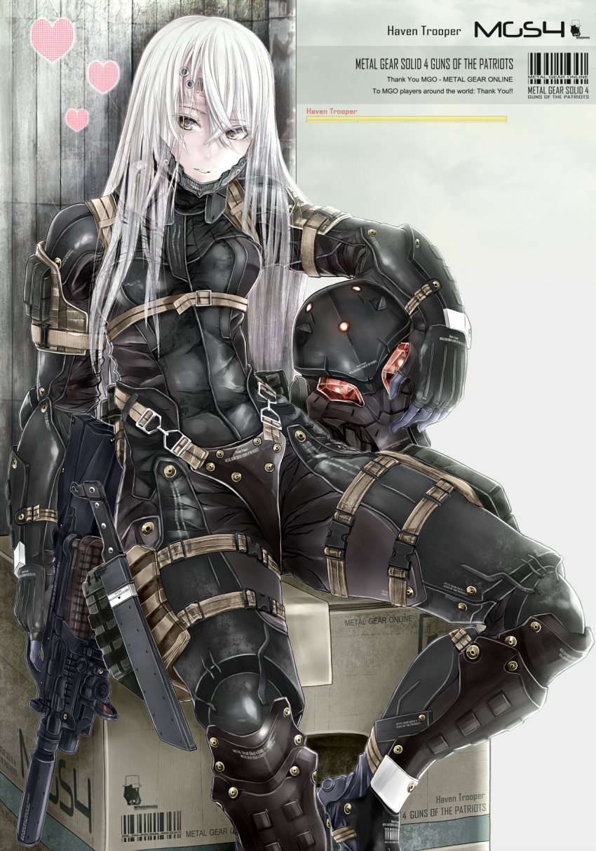 asuke_yuki bad_id bad_pixiv_id barcode bodysuit box bullpup cardboard_box combat_knife female frogs_(metal_gear) gun heart helmet highres knife long_hair metal_gear_(series) metal_gear_online metal_gear_solid_4:_guns_of_the_patriots p90 shin_guards sitting solo submachine_gun suppressor weapon white_hair