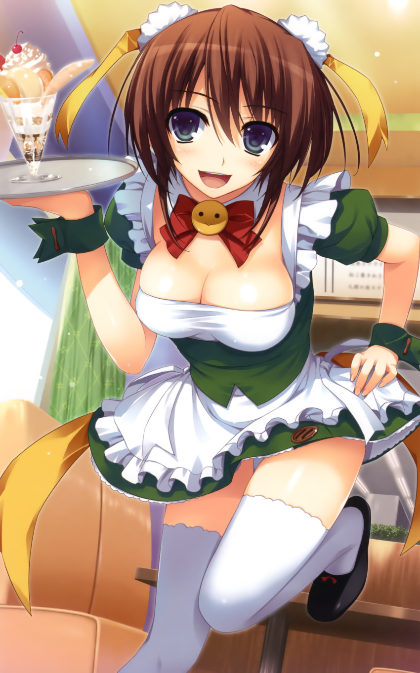 absurdres bad_link blue_eyes breasts brown_hair cleavage cosplay double_bun female food hair_bun hair_ornament highres ice_cream koi_de_wa_naku large_breasts makishima_yumi melon-chan melon-chan_(cosplay) melonbooks open_mouth puffy_short_sleeves puffy_sleeves short_hair short_sleeves smile solo sundae thighhighs tomose_shunsaku tray waitress white_thighhighs wrist_cuffs zettai_ryouiki